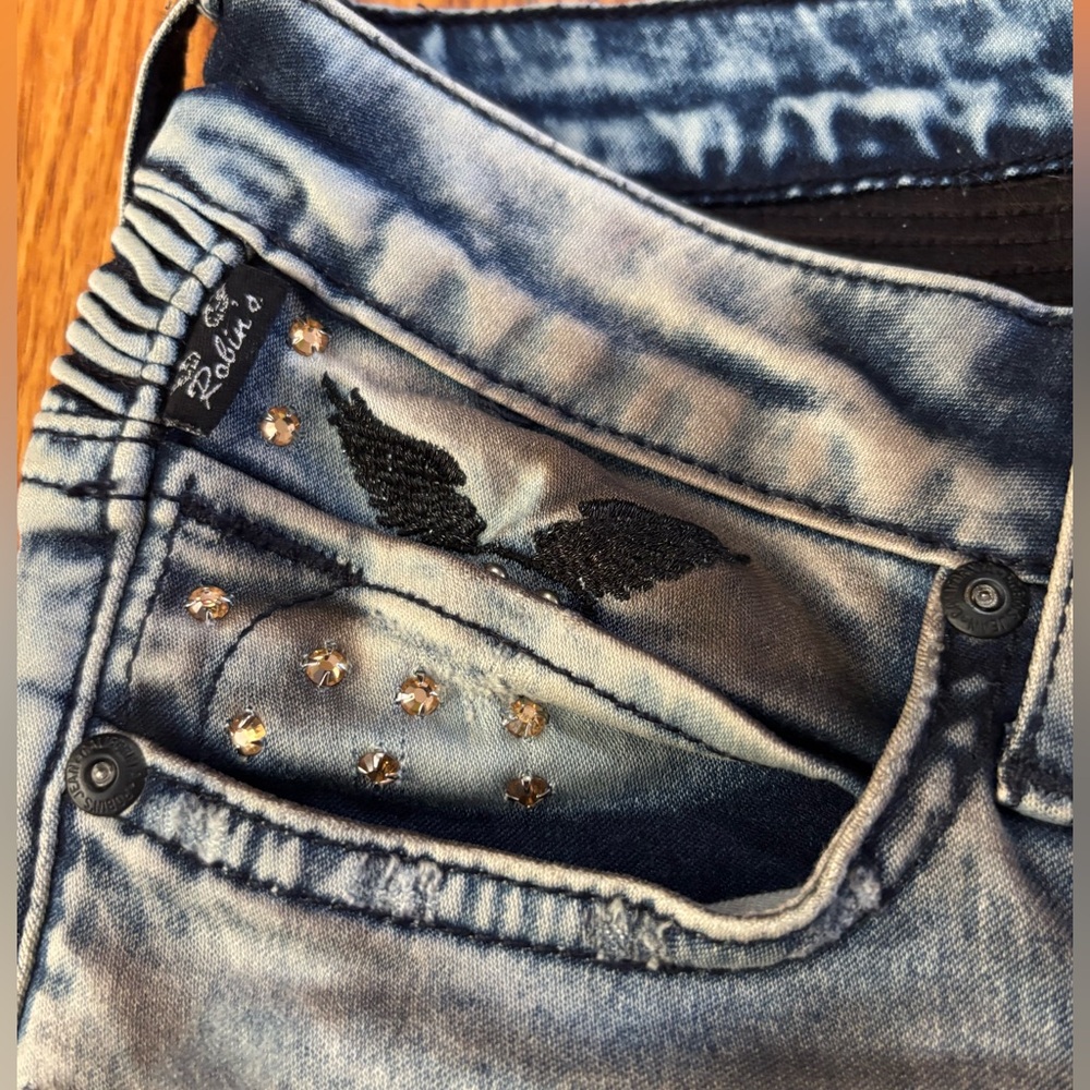 RARE * ROBIN’S JEANS MOTORCYCLE MOTO ACID WASH STUDDED JEANS * Cut 606966 * Y2K - Picture 5 of 17